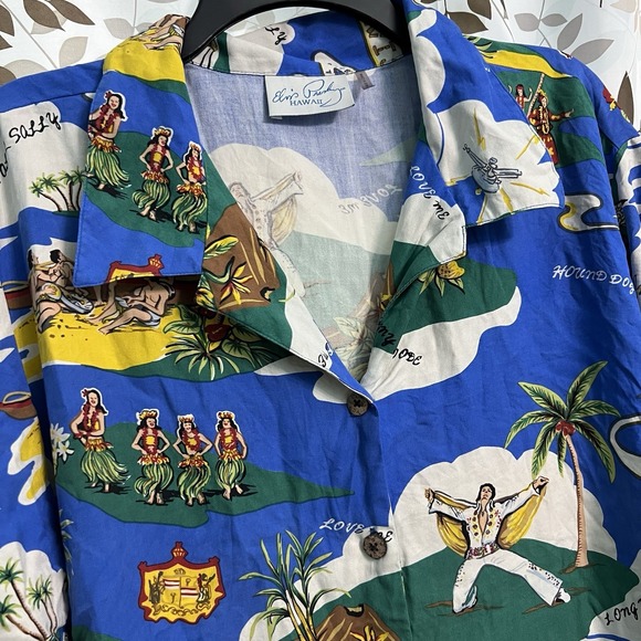 Vintage Elvis Presley Reyn Silk Men's Hawaiian ShirtSize 3XL Blue Island 90s